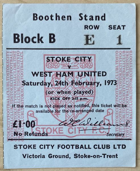 1972/73 ORIGINAL DIVISION ONE TICKET STOKE CITY V WEST HAM UNITED