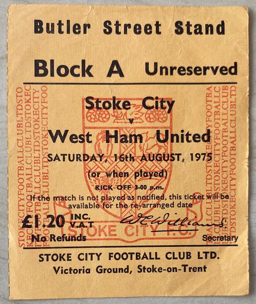 1975/76 ORIGINAL DIVISION ONE TICKET STOKE CITY V WEST HAM UNITED