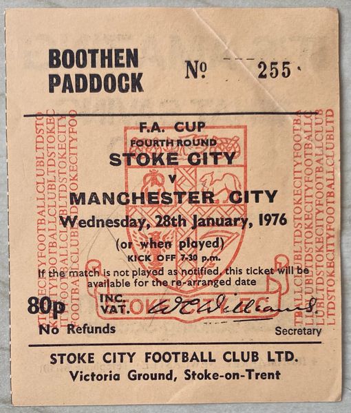 1975/76 ORIGINAL FA CUP ROUND 4 TICKET STOKE CITY V MANCHESTER CITY