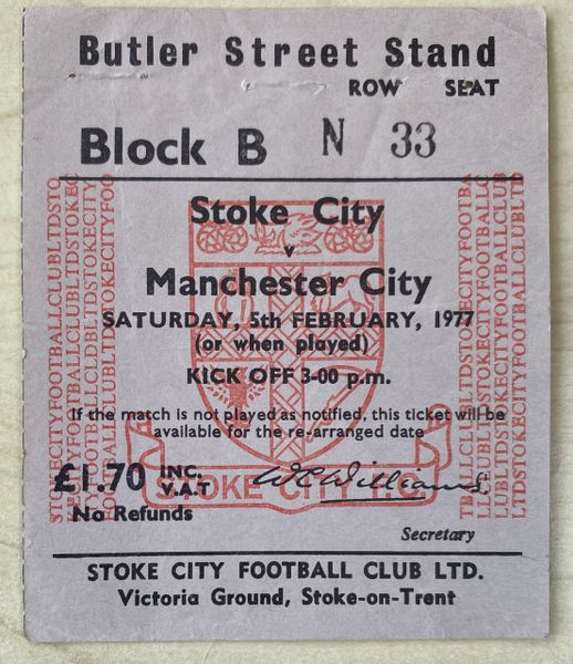 1976/77 ORIGINAL DIVISION ONE TICKET STOKE CITY V MANCHESTER CITY