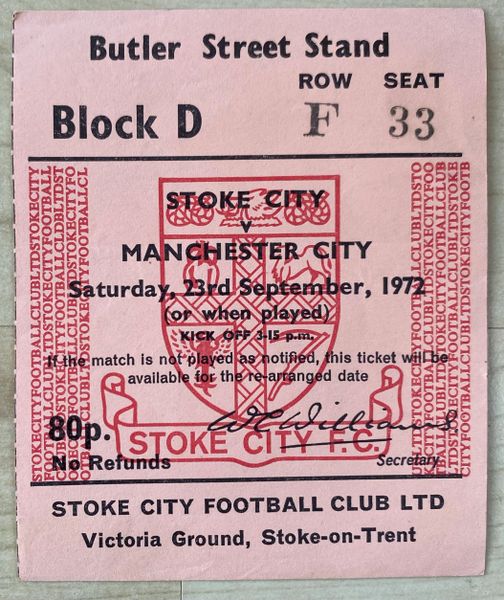 1972/73 ORIGINAL DIVISION ONE TICKET STOKE CITY V MANCHESTER CITY