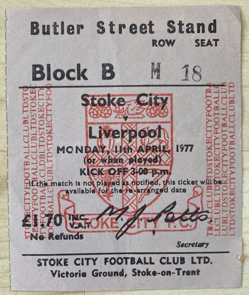 1976/77 ORIGINAL DIVISION ONE TICKET STOKE CITY V LIVERPOOL