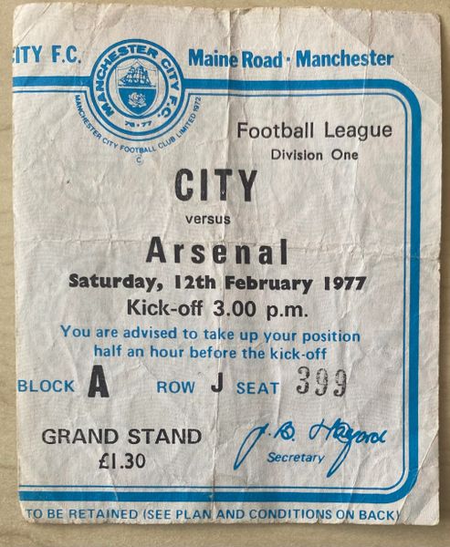 1976/77 ORIGINAL DIVISION ONE TICKET MANCHESTER CITY V ARSENAL