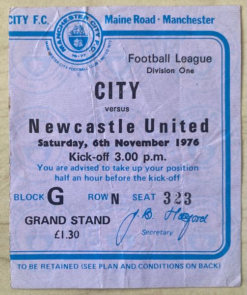 1976/77 ORIGINAL DIVISION ONE TICKET MANCHESTER CITY V NEWCASTLE UNITED