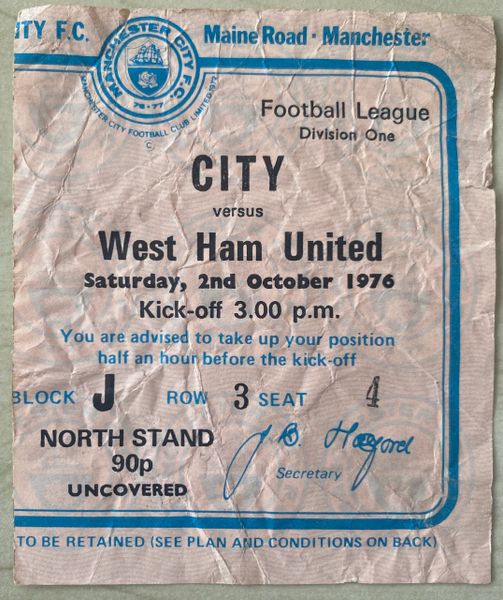 1976/77 ORIGINAL DIVISION ONE TICKET MANCHESTER CITY V WEST HAM UNITED