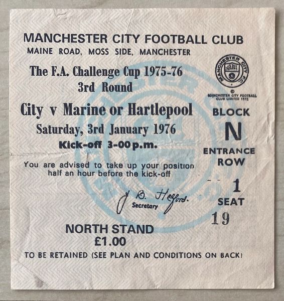 1975/76 ORIGINAL FA CUP 3RD ROUND TICKET MANCHESTER CITY V HARTLEPOOL UNITED