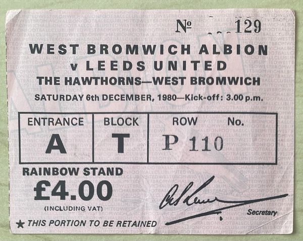 1980/81 ORIGINAL DIVISION ONE TICKET WEST BROMWICH ALBION V LEEDS UNITED