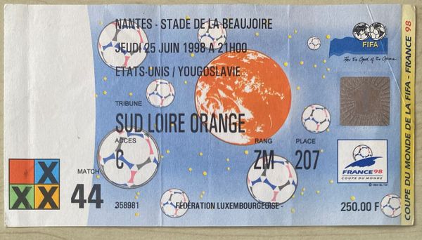 1998 ORIGINAL WORLD CUP 1ST ROUND TICKET UNITED STATES V YUGOSLAVIA @ STADE DE LA BEAUJOIRE, NANTES