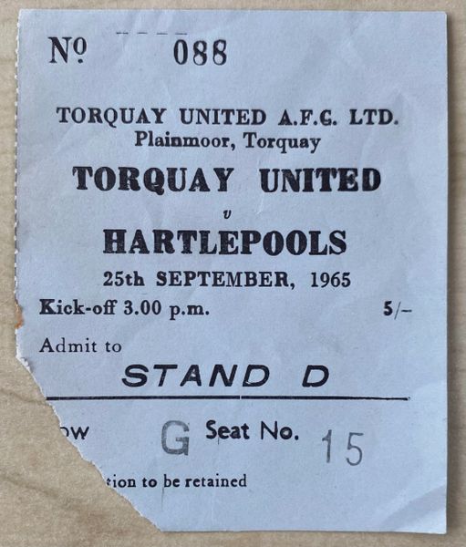 1965/66 ORIGINAL DIVISION FOUR TICKET TORQUAY UNITED V HARTLEPOOLS