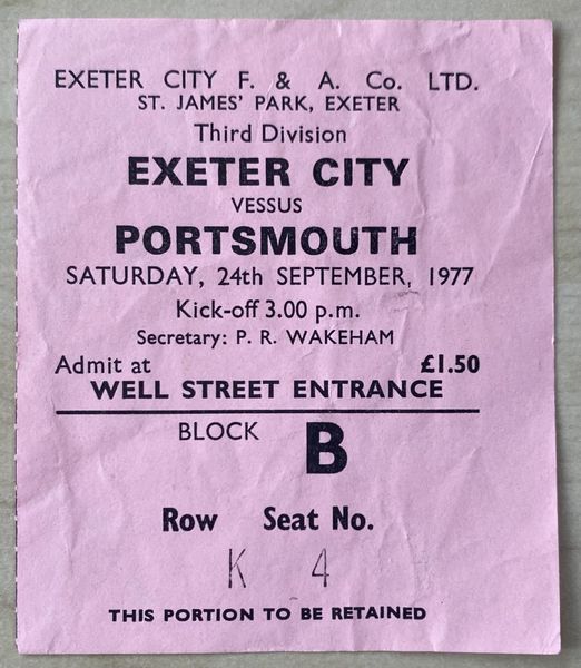 1977/78 ORIGINAL DIVISION THREE TICKET EXETER CITY V PORTSMOUTH