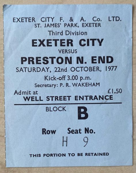 1977/78 ORIGINAL DIVISION THREE TICKET EXETER CITY V PRESTON NORTH END