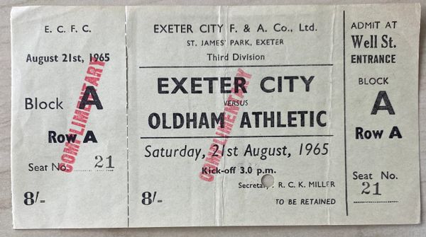 1964/65 ORIGINAL UNUSED DIVISION THREE TICKET EXETER CITY V OLDHAM ATHLETIC