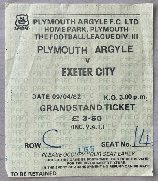 1981/82 ORIGINAL DIVISION THREE TICKET PLYMOUTH ARGYLE V EXETER CITY