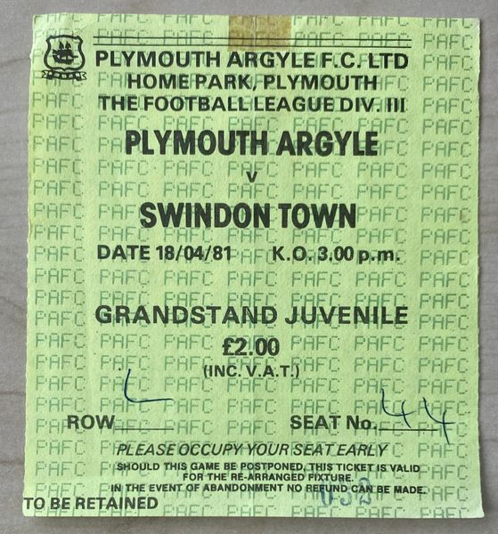 1980/81 ORIGINAL DIVISION THREE TICKET PLYMOUTH ARGYLE V SWINDON TOWN