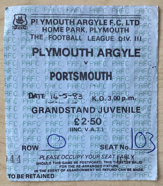 1982/83 ORIGINAL DIVISION THREE TICKET PLYMOUTH ARGYLE V PORTSMOUTH (POMPEY DIV 3 TITLE)