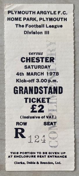 1977/78 ORIGINAL DIVISION THREE TICKET PLYMOUTH ARGYLE V CHESTER