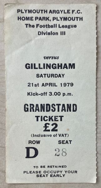 1978/79 ORIGINAL DIVISION THREE TICKET PLYMOUTH ARGYLE V GILLINGHAM