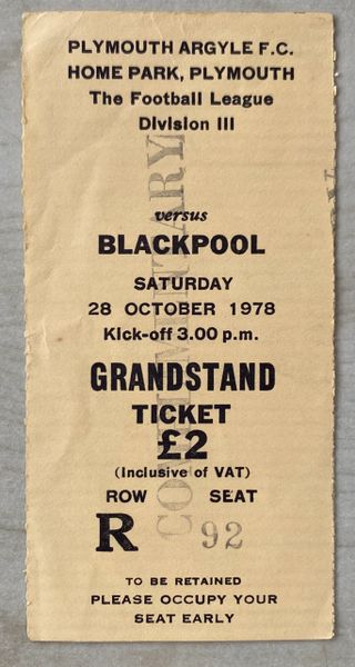 1978/79 ORIGINAL DIVISION THREE TICKET PLYMOUTH ARGYLE V BLACKPOOL