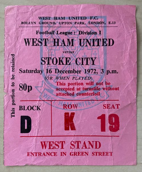 1972/73 ORIGINAL DIVISION ONE TICKET WEST HAM UNITED V STOKE CITY