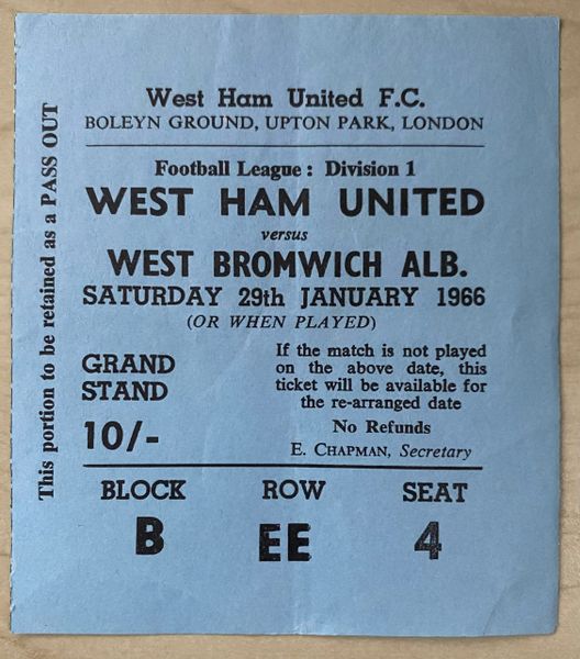 1965/66 ORIGINAL DIVISION ONE TICKET WEST HAM UNITED V WEST BROMWICH ALBION