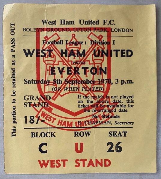 1970/71 ORIGINAL DIVISION ONE TICKET WEST HAM UNITED V EVERTON