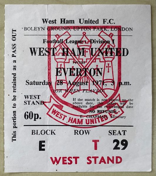 1971/72 ORIGINAL DIVISION ONE TICKET WEST HAM UNITED V EVERTON