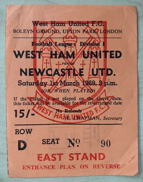 1968/69 ORIGINAL DIVISION ONE TICKET WEST HAM UNITED V NEWCASTLE UNITED