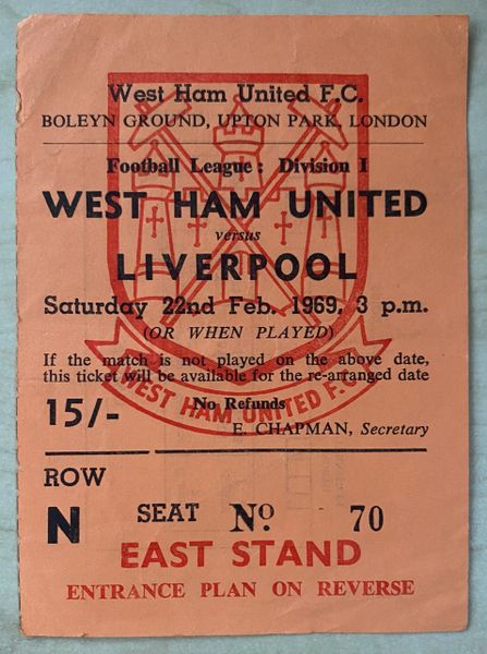 1968/69 ORIGINAL DIVISION ONE TICKET WEST HAM UNITED V LIVERPOOL