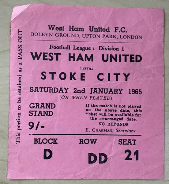 1964/65 ORIGINAL DIVISION ONE TICKET WEST HAM UNITED V STOKE CITY