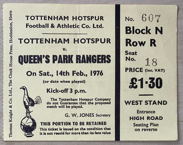 1975/76 ORIGINAL DIVISION ONE TICKET TOTTENHAM HOTSPUR V QUEENS PARK RANGERS