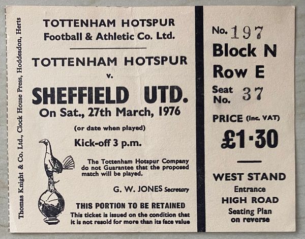 1975/76 ORIGINAL DIVISION ONE TICKET TOTTENHAM HOTSPUR V SHEFFIELD UNITED