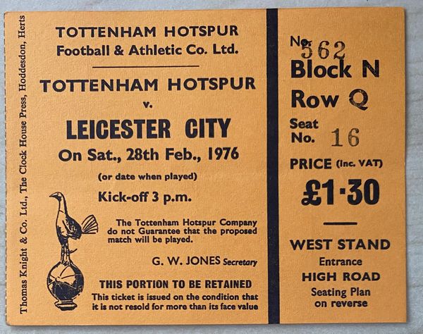 1975/76 ORIGINAL DIVISION ONE TICKET TOTTENHAM HOTSPUR V LEICESTER CITY