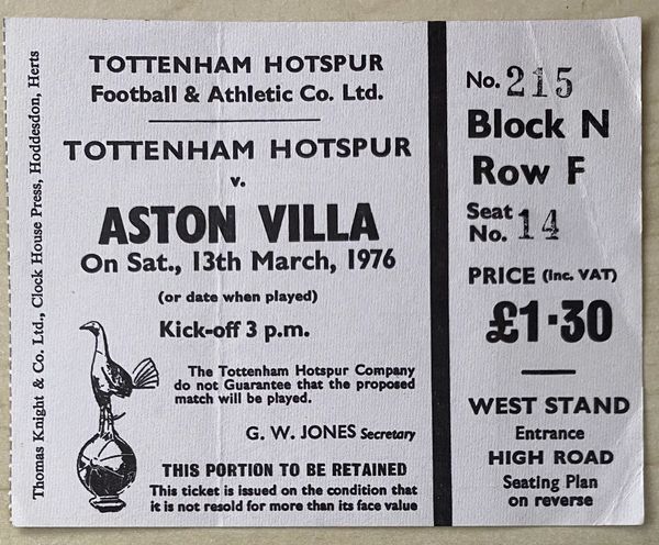 1975/76 ORIGINAL DIVISION ONE TICKET TOTTENHAM HOTSPUR V ASTON VILLA