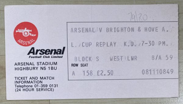 1979/80 ORIGINAL LEAGUE CUP 4TH ROUND REPLAY TICKET ARSENAL V BRIGHTON AND HOVE ALBION