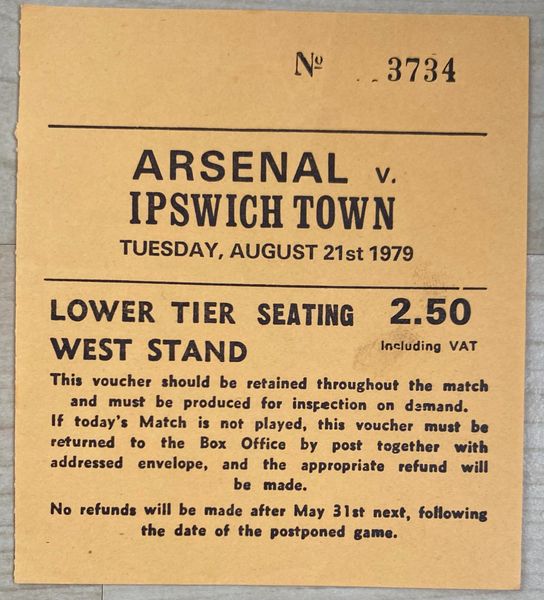 1979/80 ORIGINAL DIVISION ONE TICKET ARSENAL V IPSWICH TOWN