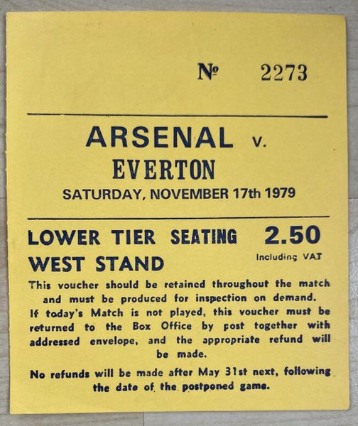 1979/80 ORIGINAL DIVISION ONE TICKET ARSENAL V EVERTON