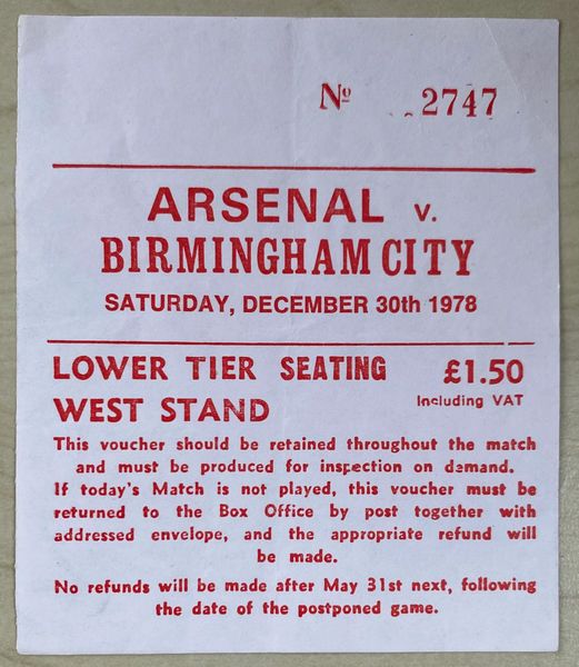 1978/79 ORIGINAL DIVISION ONE TICKET ARSENAL V BIRMINGHAM CITY