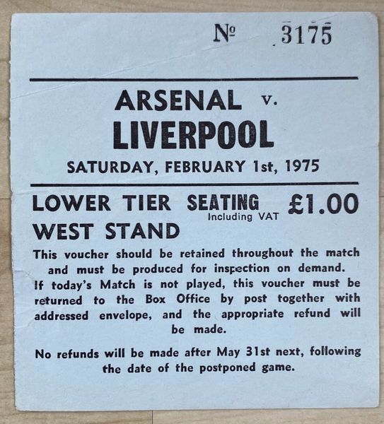 1974/75 ORIGINAL DIVISION ONE TICKET ARSENAL V LIVERPOOL