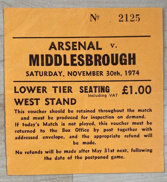 1974/75 ORIGINAL DIVISION ONE TICKET ARSENAL V MIDDLESBROUGH