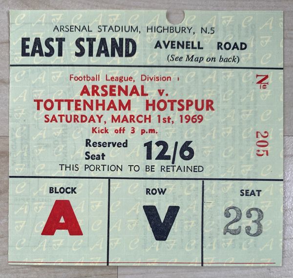 1968/69 ORIGINAL DIVISION ONE TICKET ARSENAL V TOTTENHAM HOTSPUR