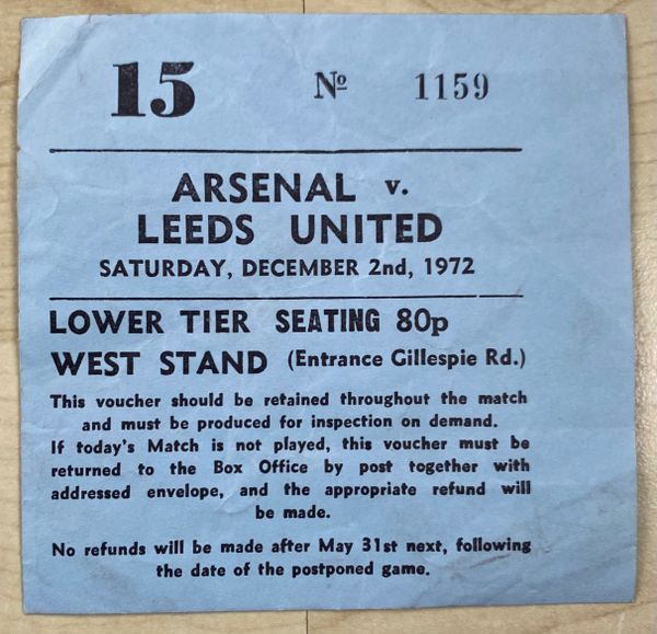 1972/73 ORIGINAL DIVISION ONE TICKET ARSENAL V LEEDS UNITED