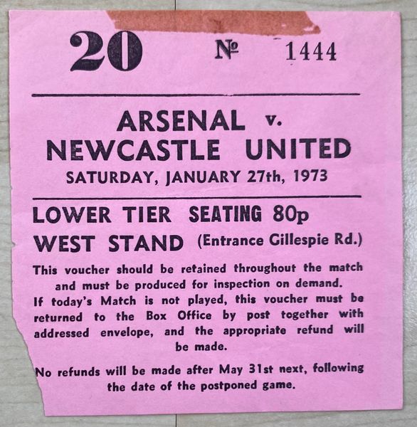 1972/73 ORIGINAL DIVISION ONE TICKET ARSENAL V NEWCASTLE UNITED