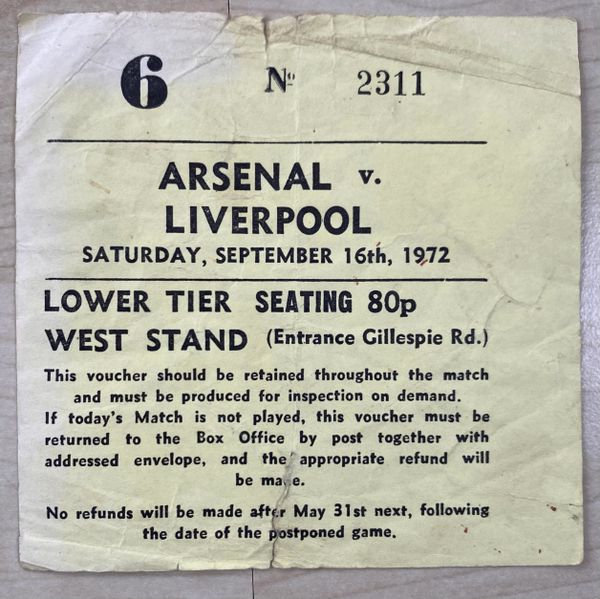 1972/73 ORIGINAL DIVISION ONE TICKET ARSENAL V LIVERPOOL