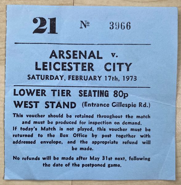 1972/73 ORIGINAL DIVISION ONE TICKET ARSENAL V LEICESTER CITY