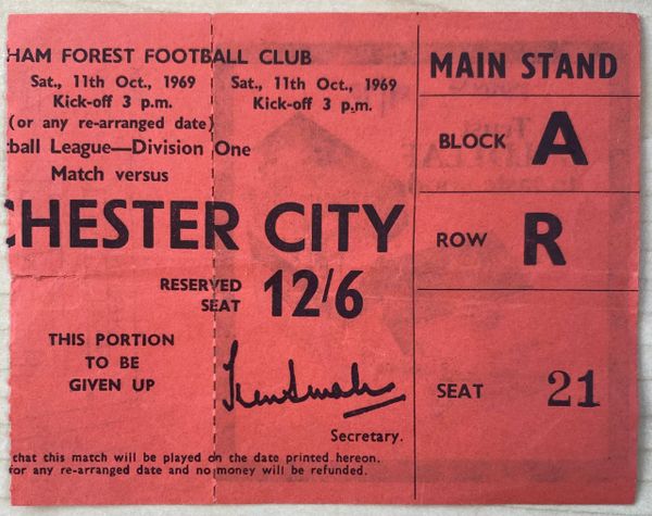 1969/70 ORIGINAL UNUSED DIVISION ONE TICKET NOTTINGHAM FOREST V MANCHESTER CITY