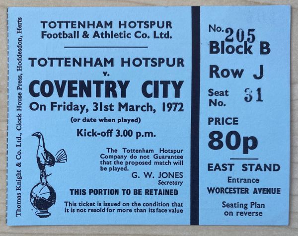 1971/72 ORIGINAL DIVISION ONE TICKET TOTTENHAM HOTSPUR V COVENTRY CITY