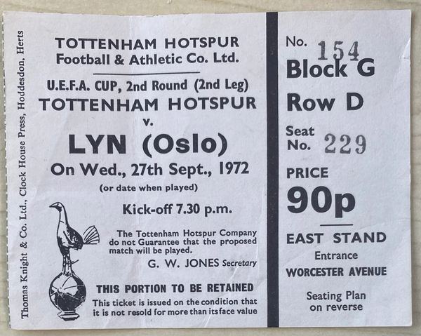 1972/73 ORIGINAL UEFA CUP 2ND ROUND 2ND LEG TICKET TOTTENHAM HOTSPUR V LYN (OSLO)