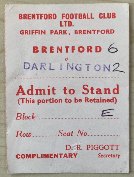 1971/72 ORIGINAL DIVISION FOUR TICKET BRENTFORD V DARLINGTON