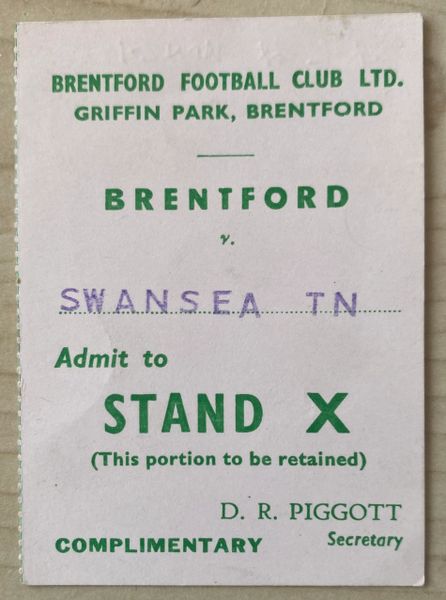 1968/69 ORIGINAL DIVISION FOUR TICKET BRENTFORD V SWANSEA TOWN