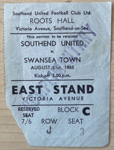 1965/66 ORIGINAL DIVISION THREE TICKET SOUTHEND UNITED V SWANSEA TOWN